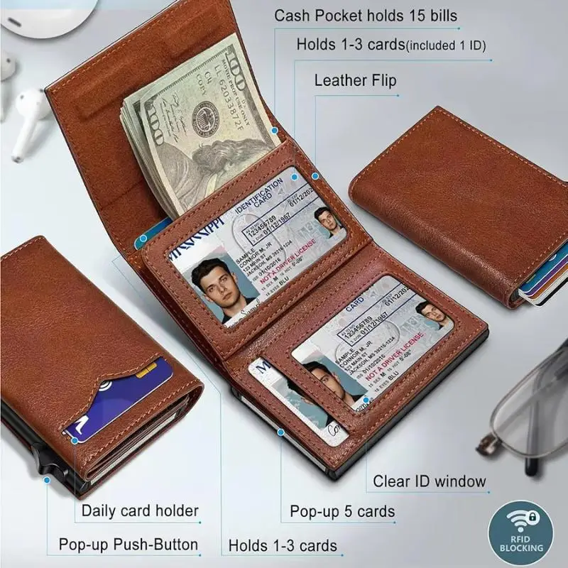 Up Wallet For Men Blocking Credit Card Holder With Clear ID Window Cash Pocket Slim Business Purse Gift