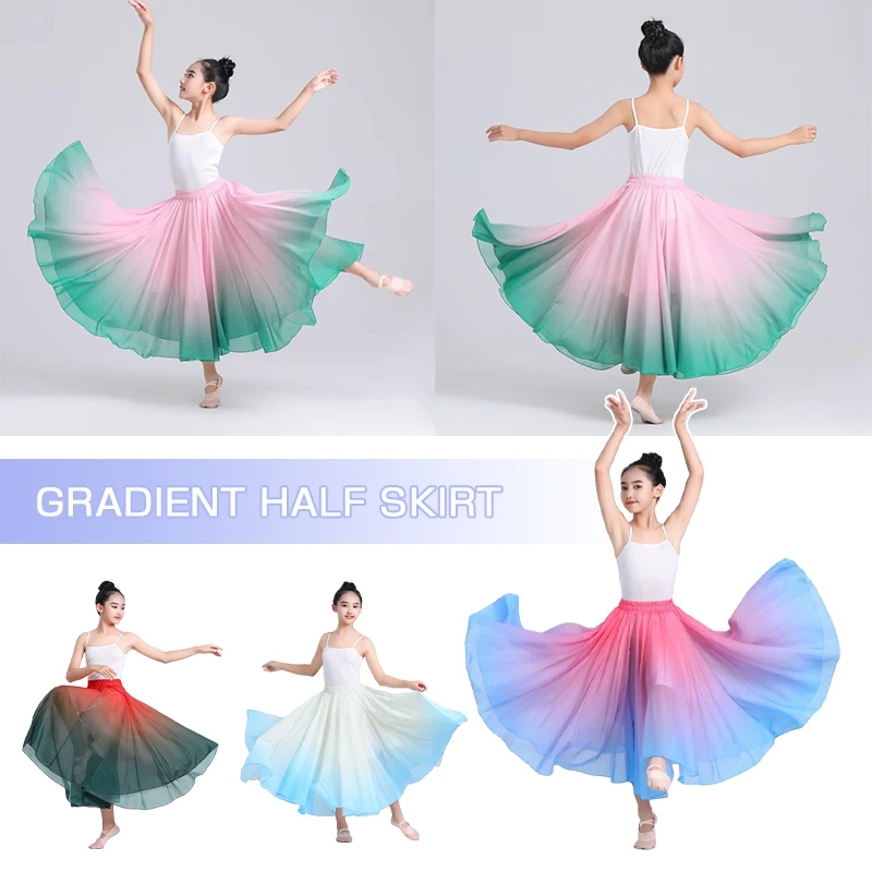 Women Girls Classical Dance Skirts 720 Degree Chiffon Elegant Gradient Color Modern Dance Skirts Practice Performance Costume