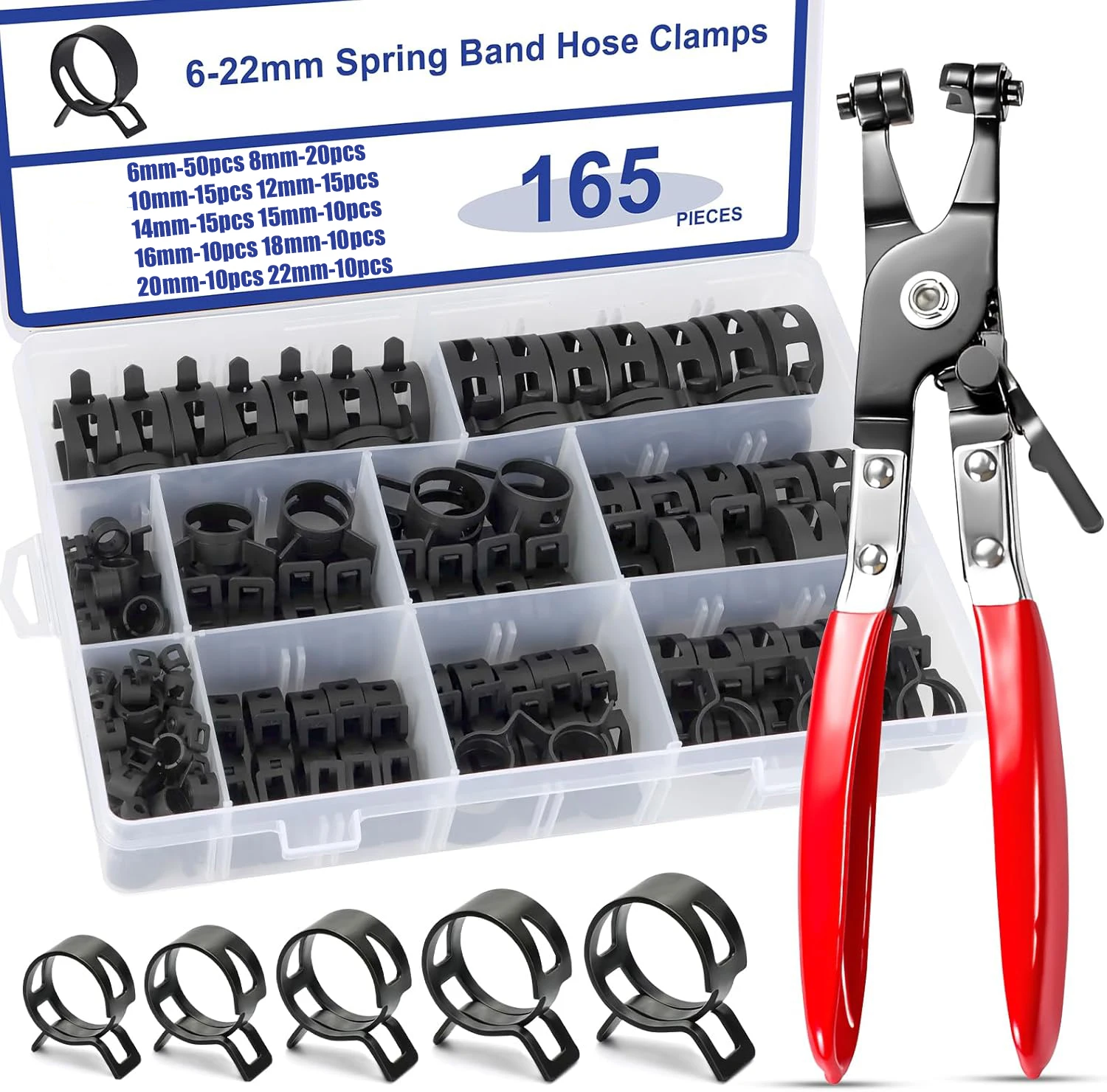 165pcs 6-22mm Black Q673B Vacuum Spring Fuel Oil Water Hose Clip Pipe Tube for Band Clamp Metal Fastener Assortment Kit + Plier