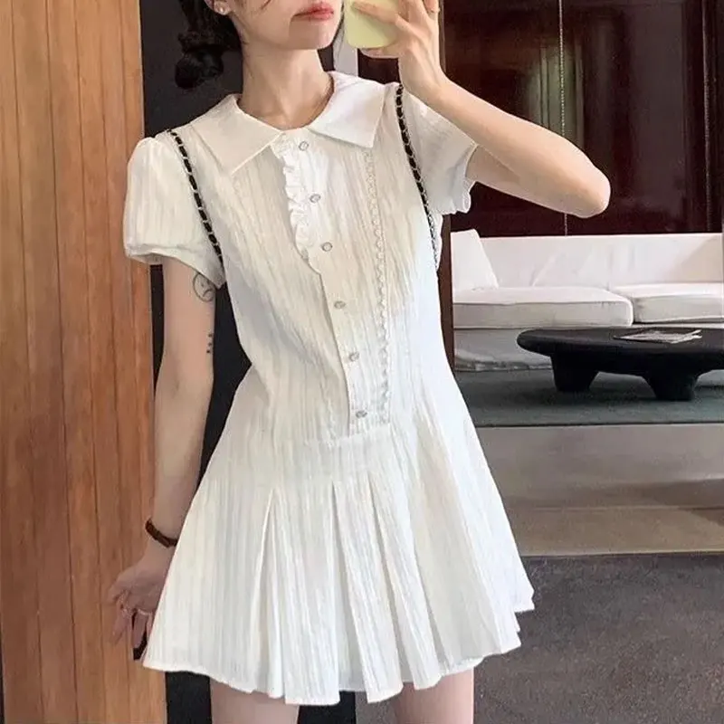 

Female Clothing Preppy Style Waist Dresses Fashionable Lace Spliced Summer New Lapel Sweet Folds Short Sleeve A-Line Mini Dress