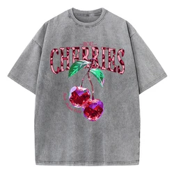 Crystal Cherries Washed T-Shirts Women Cotton Tees Fruit Letter Print Tops Oversize Distressed Short Sleeve Summer Woman Clothes