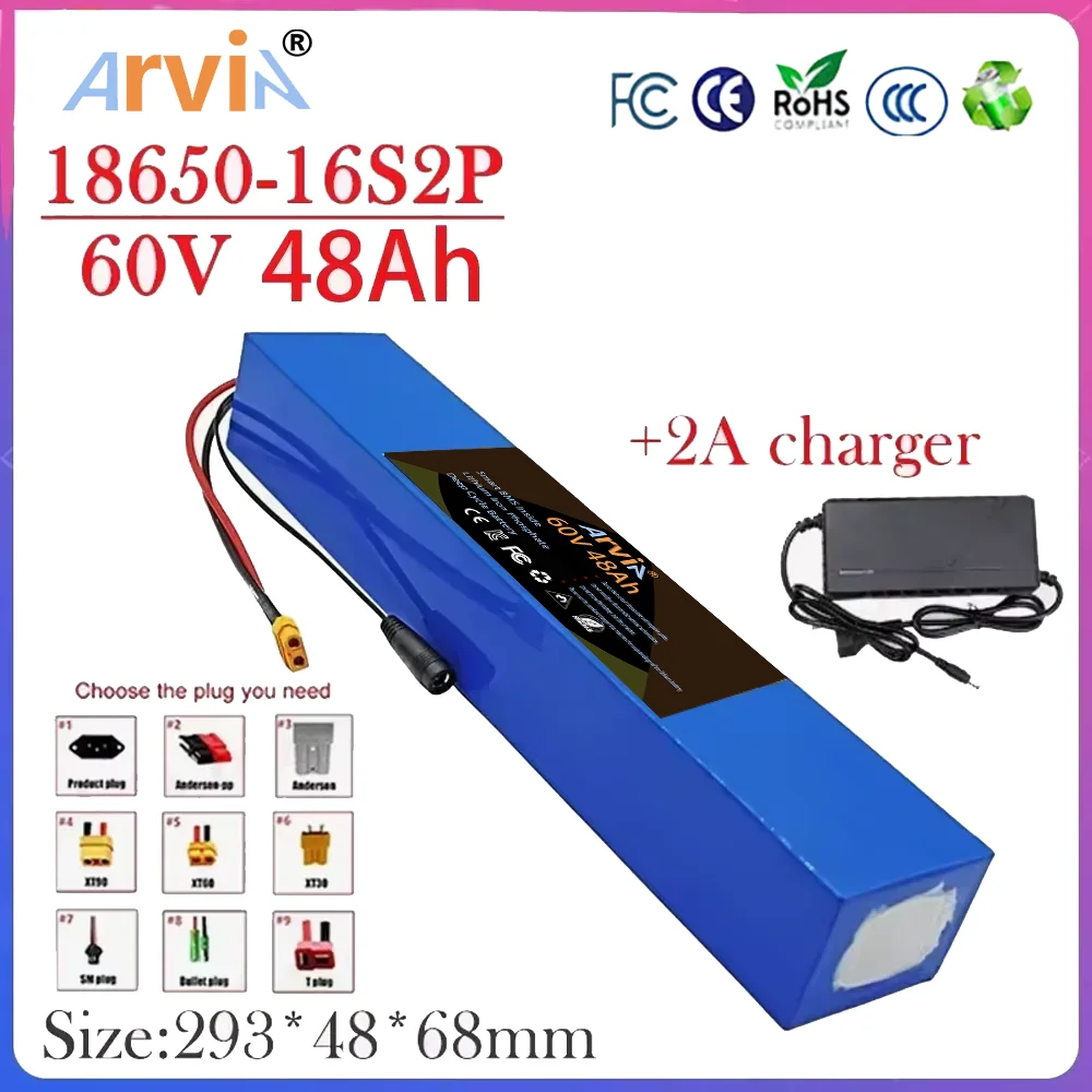 

New 60V 48Ah 18650 Lithium ion Battery Pack 16S2P 900W 1200W High Power Power Supply Large Capacity Battery Lithium Battery