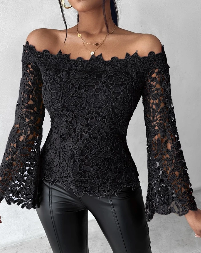 Sexy Blouse for Women 2024 Spring Slash Neck Long Sleeve Off Shoulder Crop Top Lace Hollow Out Slim Fit Blouse Slim Fit Pullover