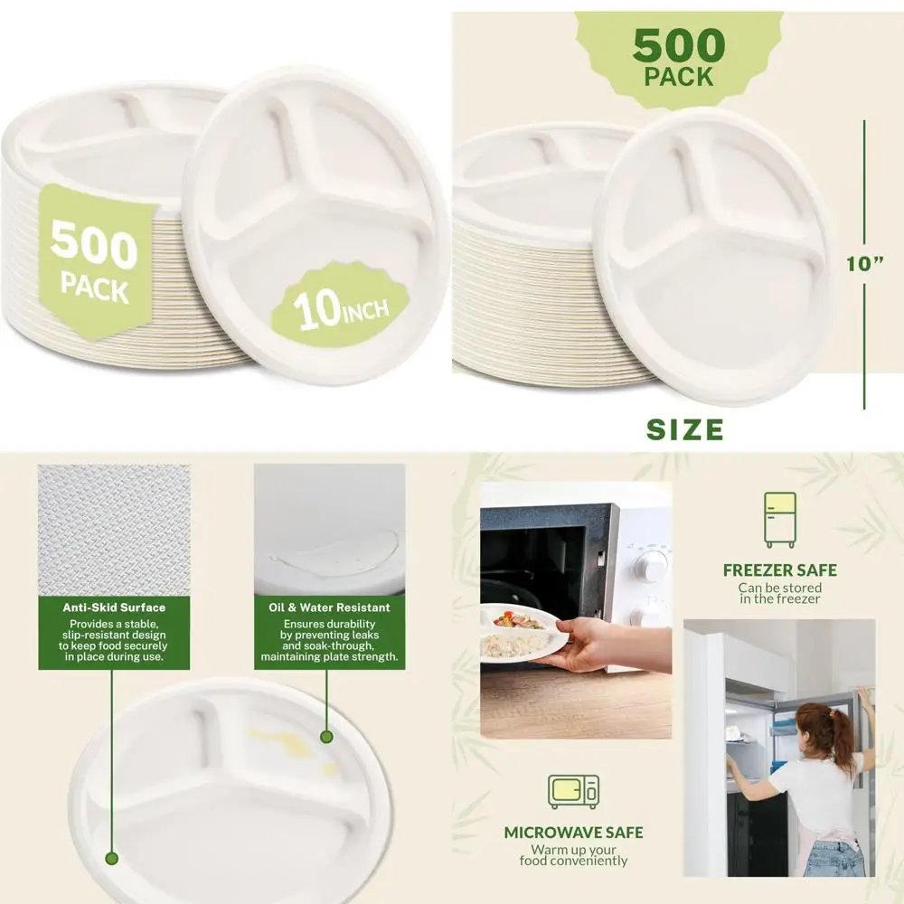 

Экологичные биоразлагаемые тарелки из сахарного тростника — 10 одноразовых тарелок с 3 отделениями, упаковка по 500 штук, устойчивый и экологически чистый изменент