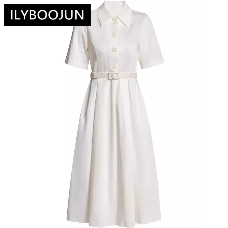 

ILYBOOJUN Summer Women's Casual Holiday Dress Turn-Down Collar Short-Sleeve Lace-UP Single-Breasted Elegant Dress