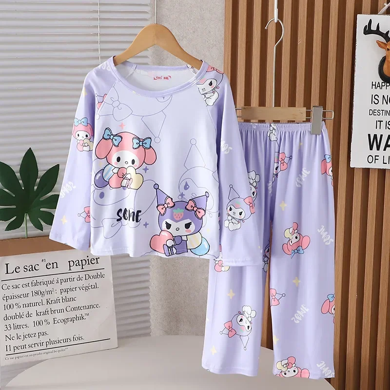 Anime Sanrio Pochacco Cinnamoroll Kuromi Children Loungewear My Melody Spring Autumn Long Sleeve Round Neck Girls Nightwear Set