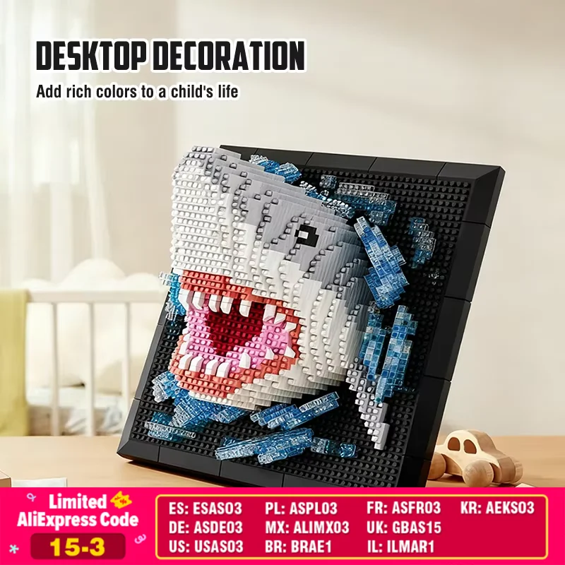 

3D Building Blocks Shark Head Mural Wall Block Toy DIY Animal Pendant Wall Decor Wall Hanging Sculpture Home Decor Toy Gifts