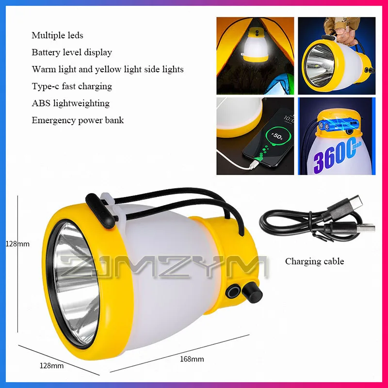 

5-ступенчатый светодиодный фонарик высокой мощности, портативный светильник для кемпинга, быстрая зарядка, прожектор в форме чайника, многофункциональный внешний аккумулятор