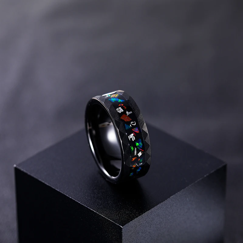 Tigrade 8mm Men's Black Tungsten Wedding Rings For Men Opal and Metal Slag inlay Hammered Edge Engagement Promise Ring Jewelry view 3