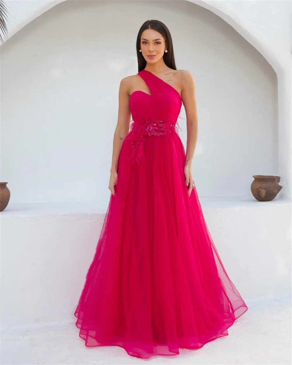 AnnieHot Pink elegante abito da sposa con paillettes piuma abiti da ballo di lusso Sexy una spalla Tulle a-line abiti da occasione su misura