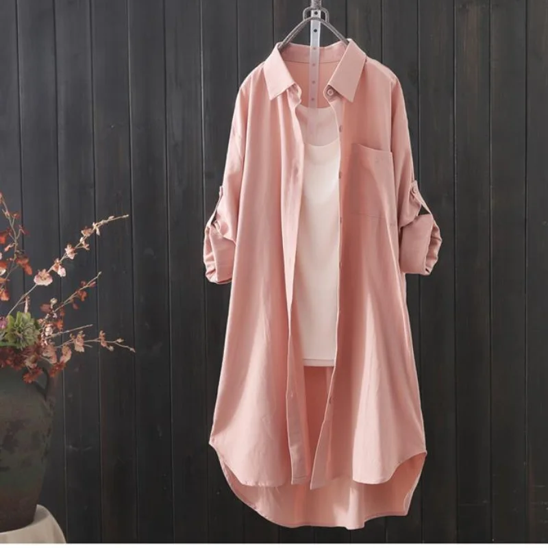 White Shirt Women 2023 Spring Summer Korean Fashion Simple Solid Color Long Shirts Lady Loose Breathable Midi Shirt and Blouse