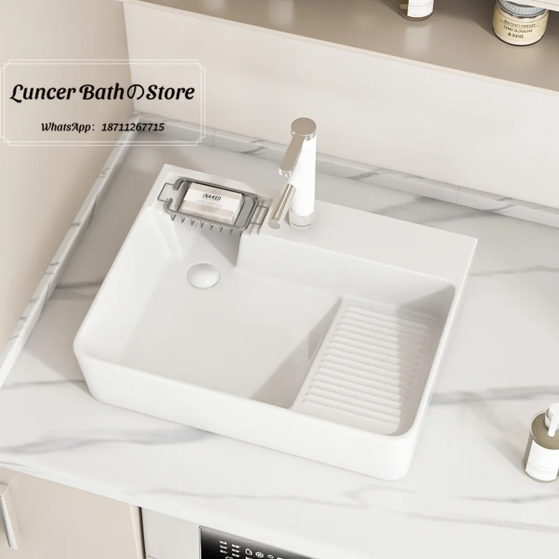 Ceramic Laundry Vessel Sink with Built-in Washboard, Side Drain Single Washing Basin for Balcony Use