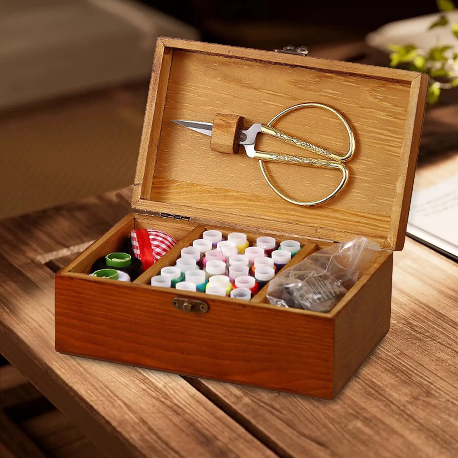 Caja de costura de madera para el hogar, suministros de bordado para joyería, cosmética, estilo Retro, caja de costura multifunción compacta