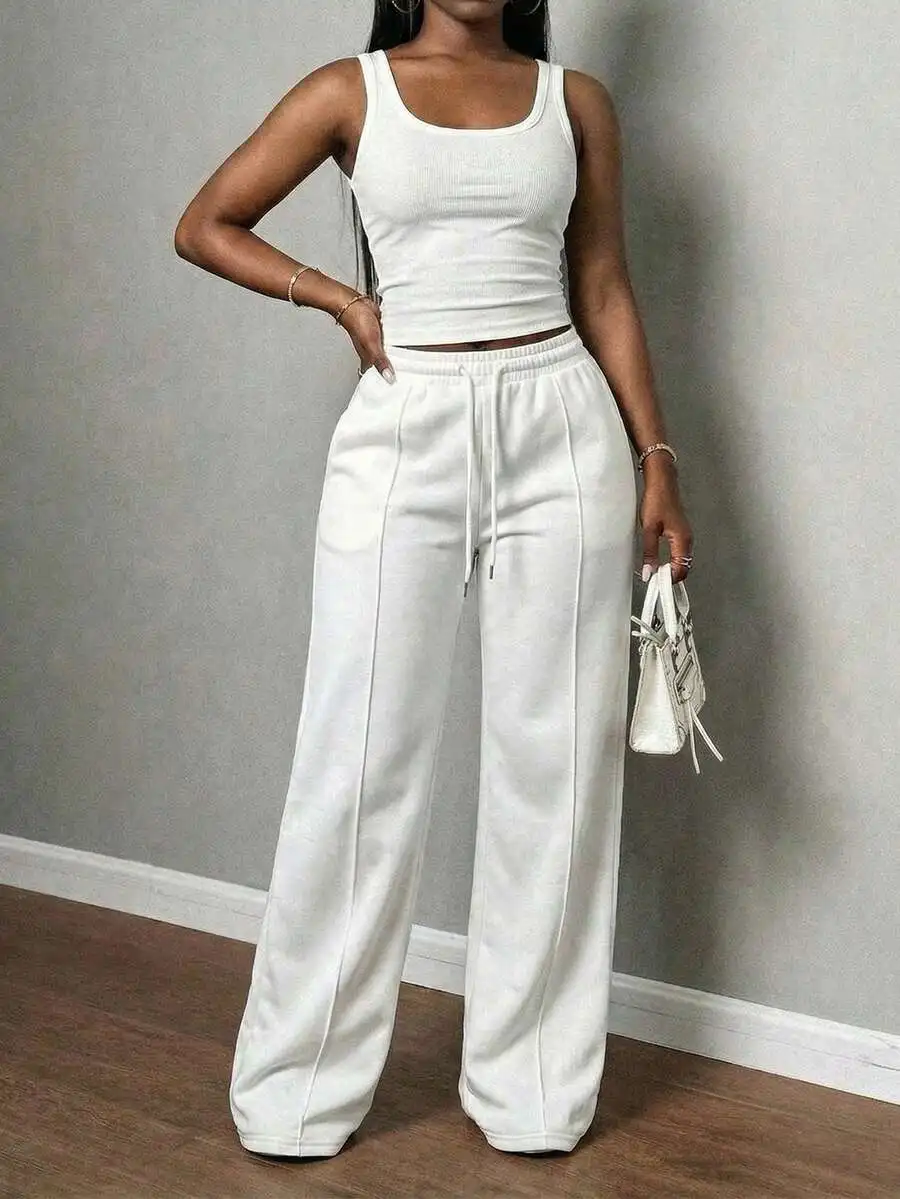 

Women White Ribbed Cami Top And Wide Leg Pants Two Piece Set Summer Casual Outfit