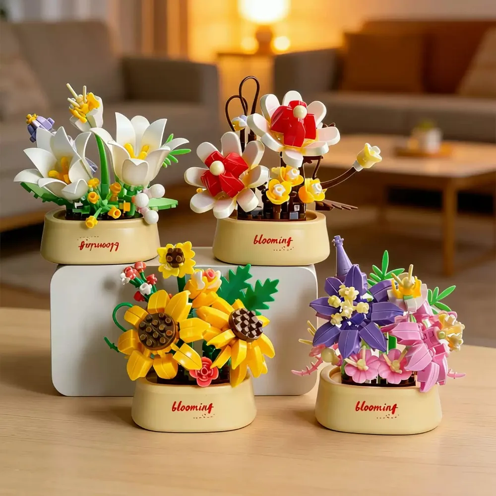Creative Building Blocks Flower Puzzle Assembly Toys Sunflower Dahlia Narcissus Peony Room Ornaments To Send Friends and Family