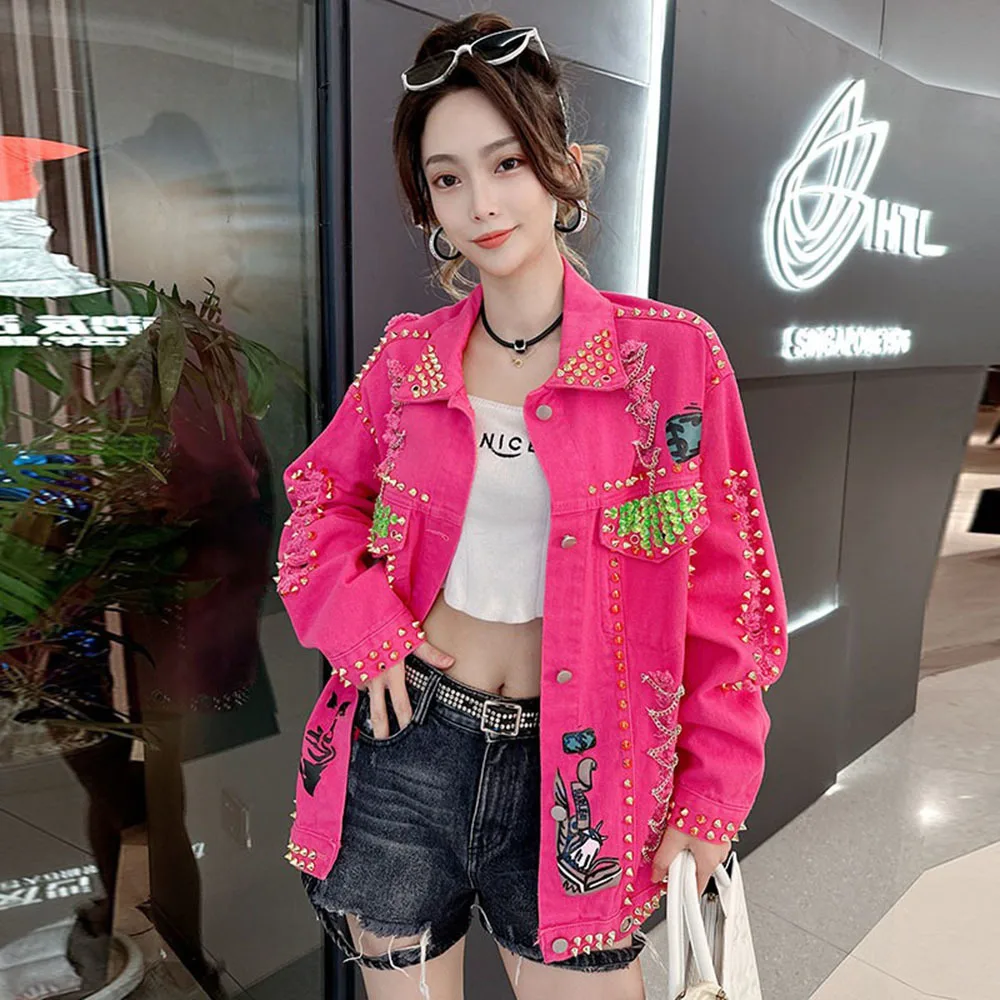 

Trendy Street Denim Jacket For Women 2023 Spring Fall Personality Rivets Ripped Chain Letter Graffiti Print Jean Coat Female Top