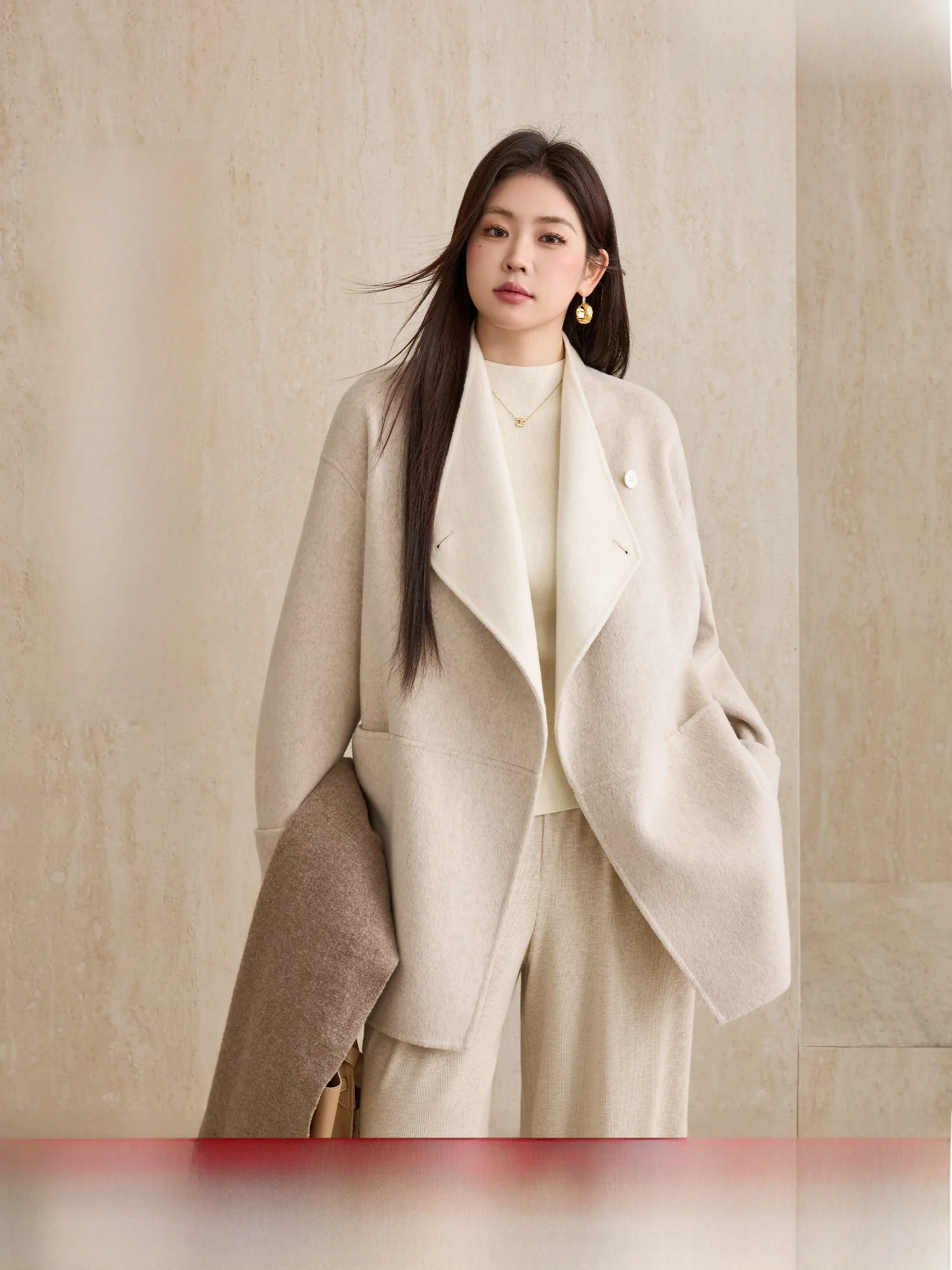 

Двустороннее шерстяное пальто большого размера Blue Language с воротником-стойкой и поясом на талии, зимнее новое пальто для поездок на работу, простое пальто Oute...