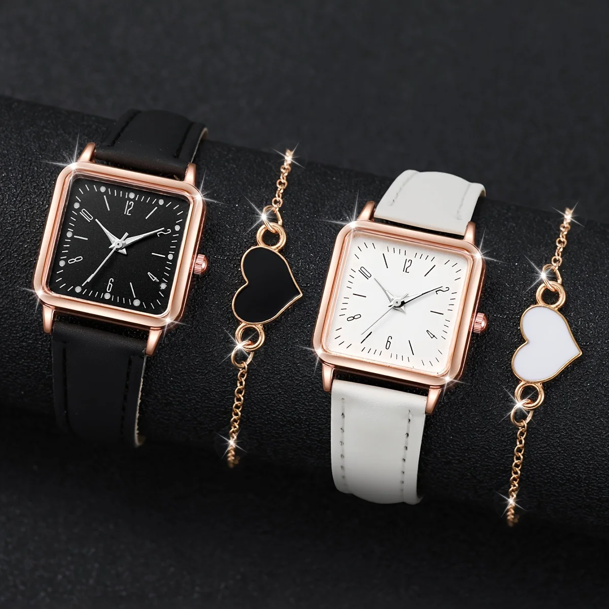 

4pcs/set Casual Square Couples Quartz Watch Analog PU Leather Wrist Watch & Heart Bracelets, Valentine's Day Gift For Women Men