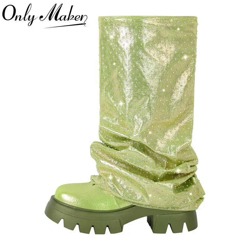 

Onlymaker Women Round Toe Fold Over Mid-Calf Webs Handmade Female Fashion Pull On Slouch Boots