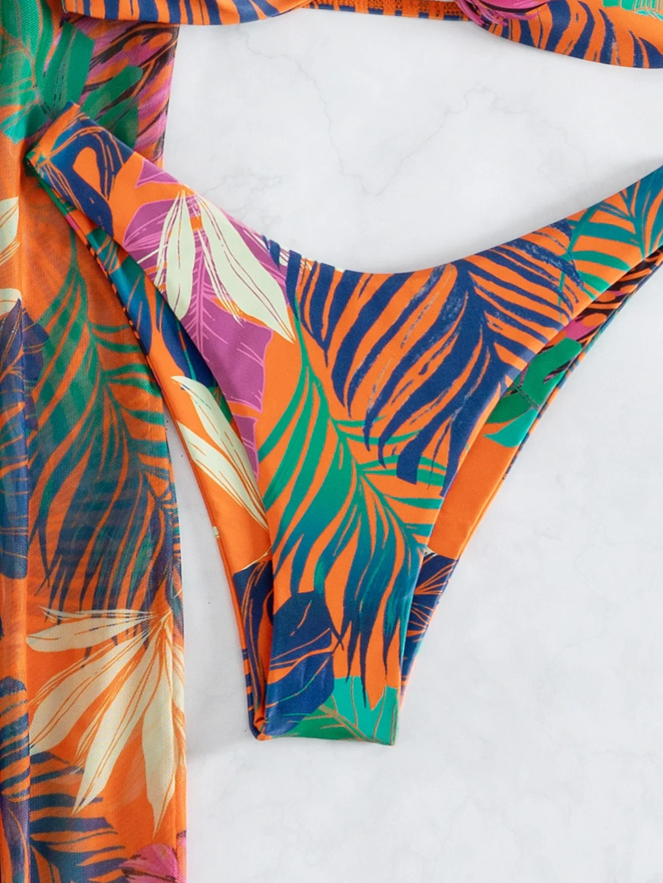 

Tropical Print High Cut Bikini Set With Cover Up 3pcs