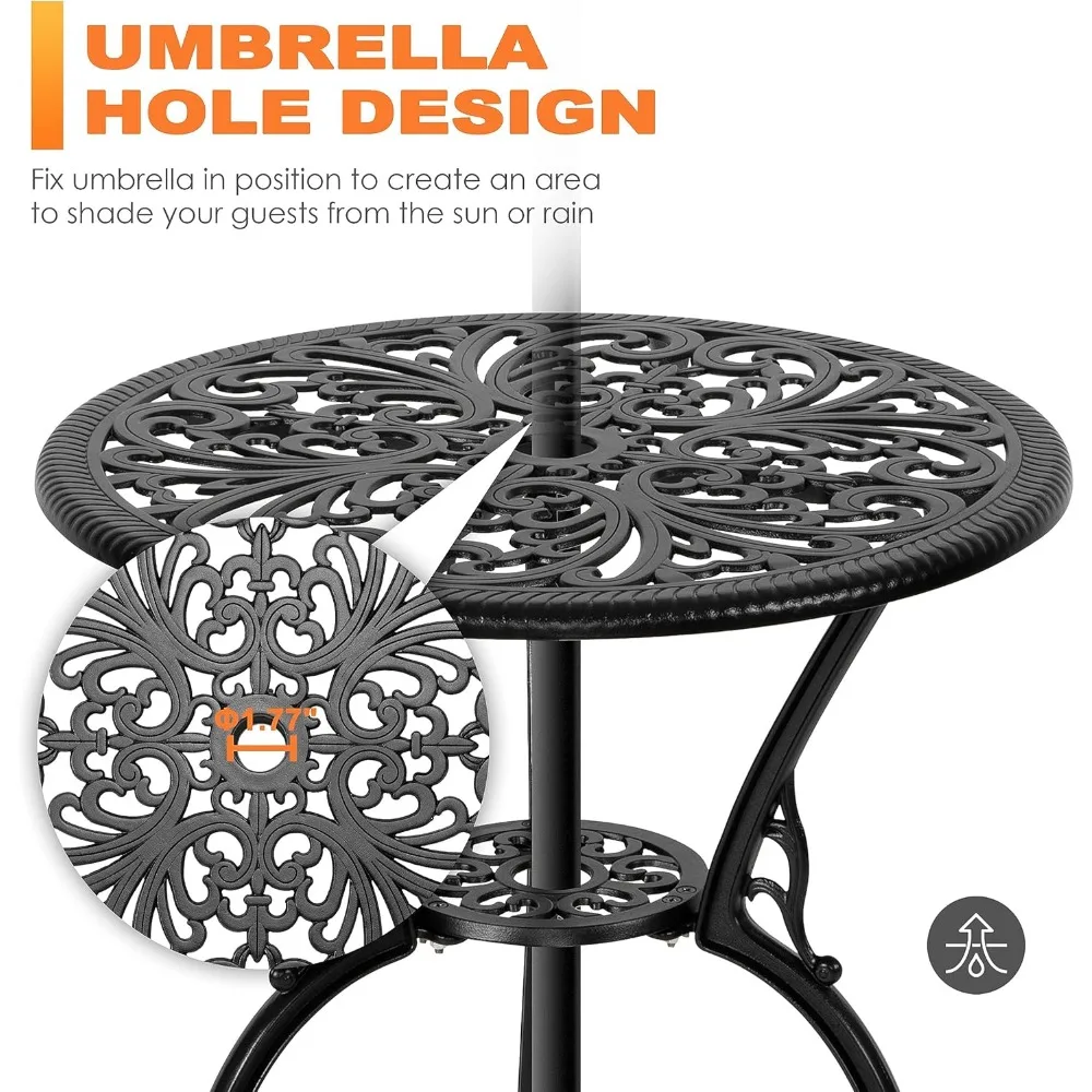 Ensemble de bistro d'extérieur 3 pièces, ensembles de bistro de patio en aluminium moulé toutes saisons, table et chaises de patio, lot de 2 avec trou pour parasol pour