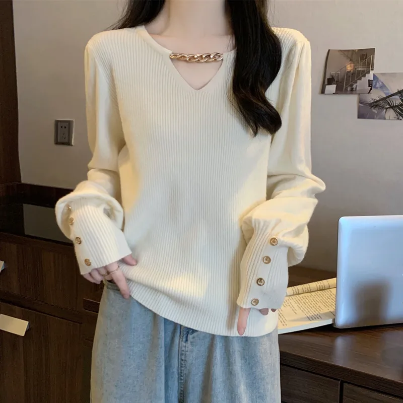 

Loose Long Sve Knitwear Women's Lazy Sle Cover Belly Base irt Slimming Spring Autumn New Arrival Comfortable V-Ne Top