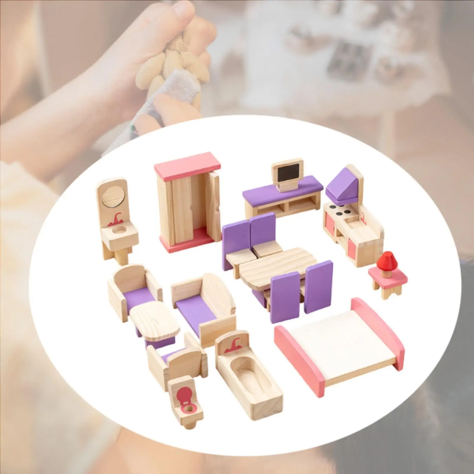 

19 Pieces Wooden Dollhouse Furniture Set Miniature Furniture for Toddlers