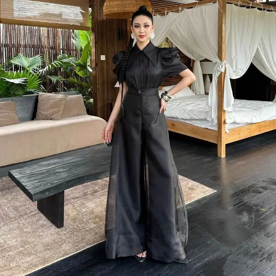 새로운 패션 오간자 와이드 레그 팔라초 팬츠 여성 우아한 여름 하이웨이스트 솔리드 컬러 오피스룩 바지 의류