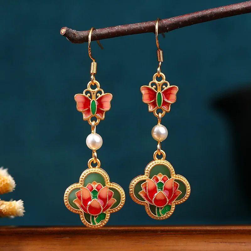 

Green Real Jade Lotus Earrings Gift 18K Gold Plated Women Fashion Butterfly Vintage Natural Jewelry Talismans Gifts Designer