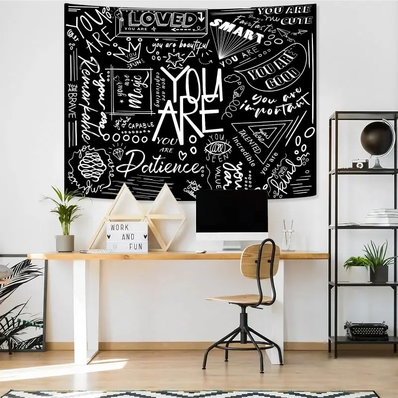 VIKAMA Inspirational Slogan Tapestry, Black White Graffiti Wall Hanging, Positive Energy Wall Decor Bedroom Dormitory Home Decor