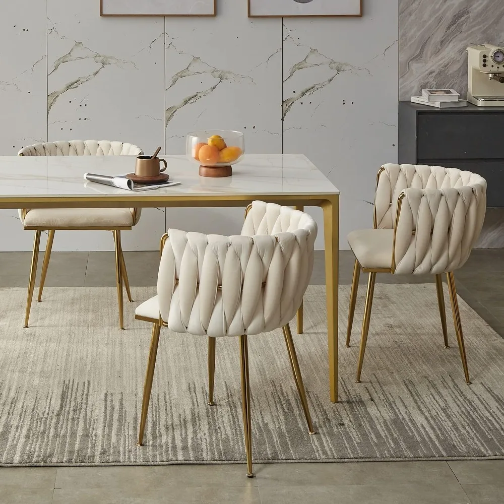 

4-Piece Velvet Dining Chair Set, Gold Metal Legs, Woven Upholstered Dining Chairs