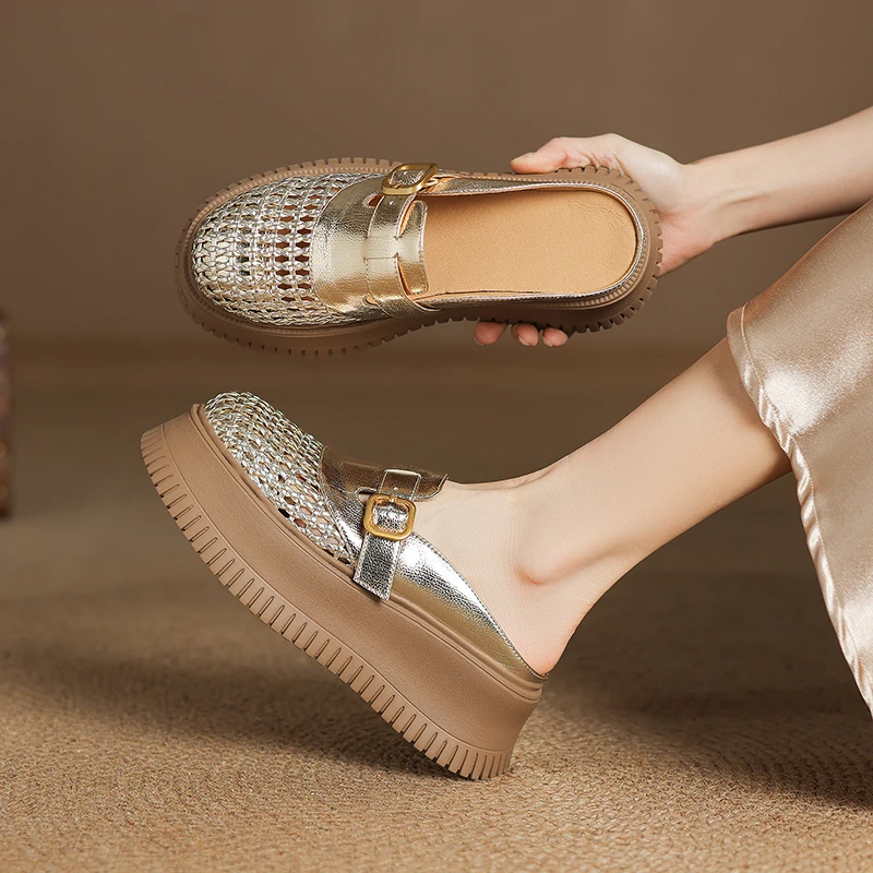 Non-slip Platform Sandalias Female Mesh Breathable Half-toe Chunky Slippers Casual Beach Shoes Slides Leather Women Sandalias