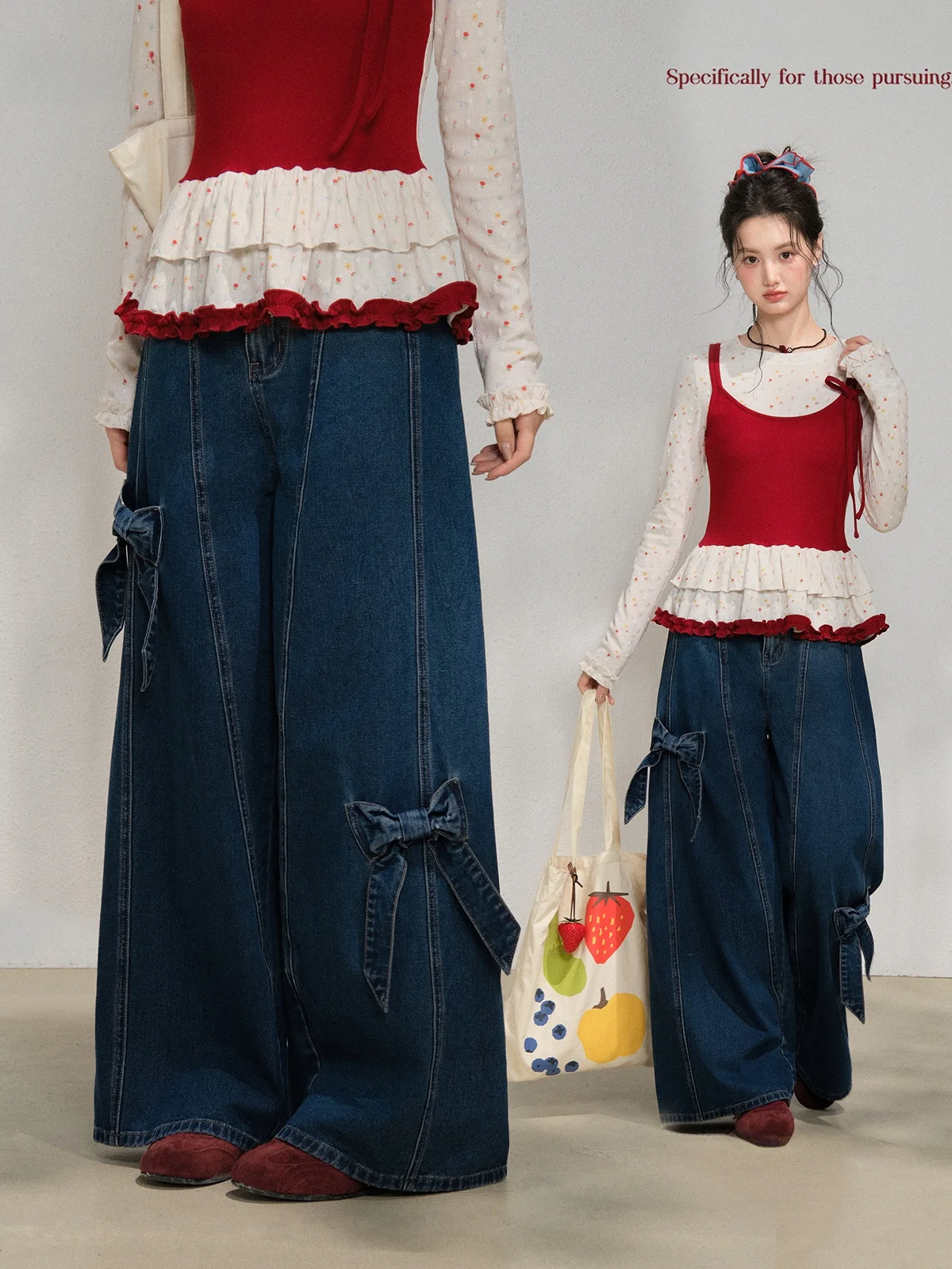 

Deep Blue Bow Tie Wide Leg Pants High Waist Loose Fit Casual Denim Skirt for Women Spring Season Cotton Polyester Blend