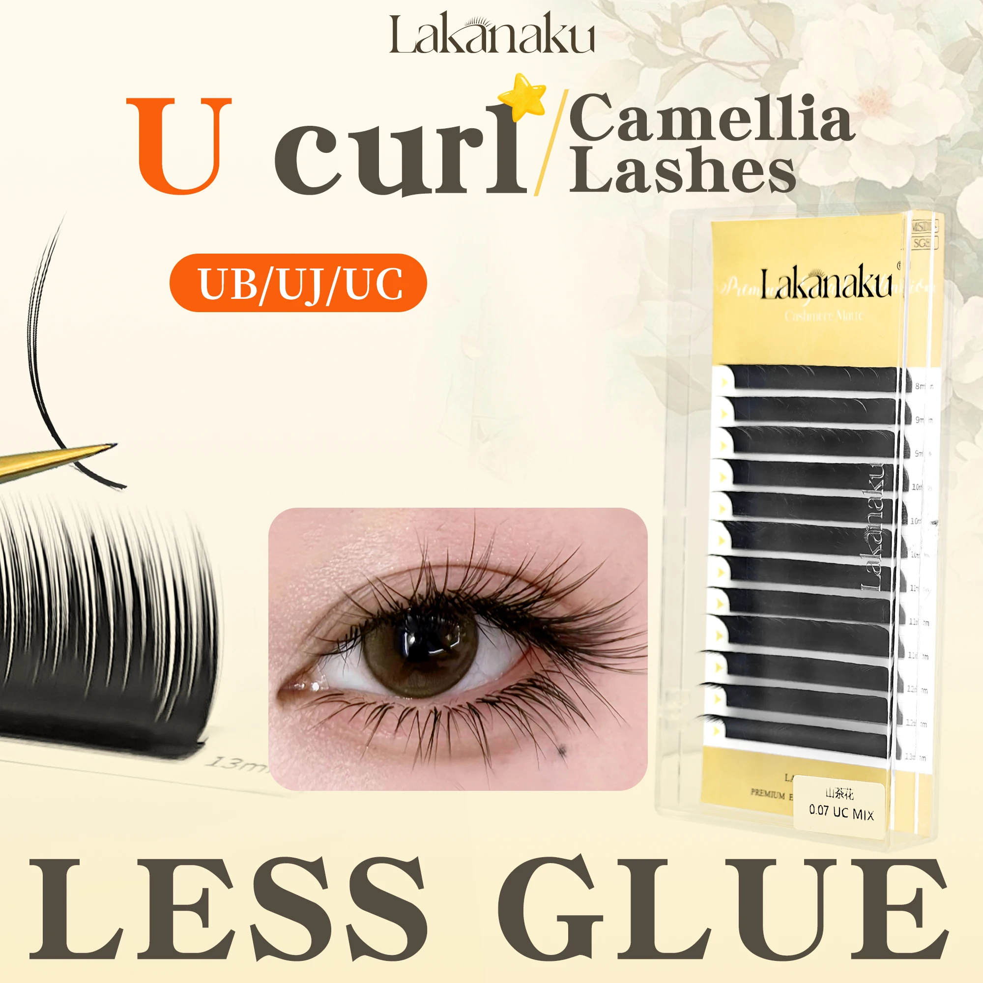LAKANAKU New Style U Curl Camellia Eyelash LJ/LB/LC Curl Premium Less Glue Camellia Lashes Individual Eyelash Extensions
