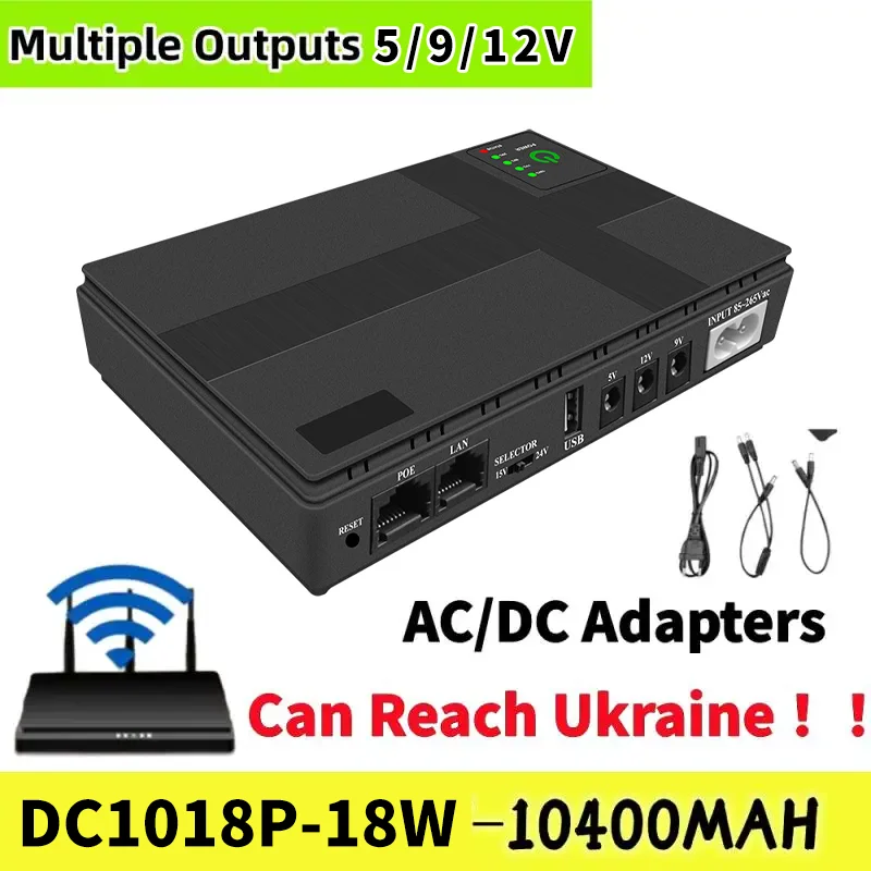 AC85-265V DC UPS for Router 5V9V12V Optical Cat Monitor Backup Uninterruptible 10400Mah Power Supply Charger Cell Phone DC1018p