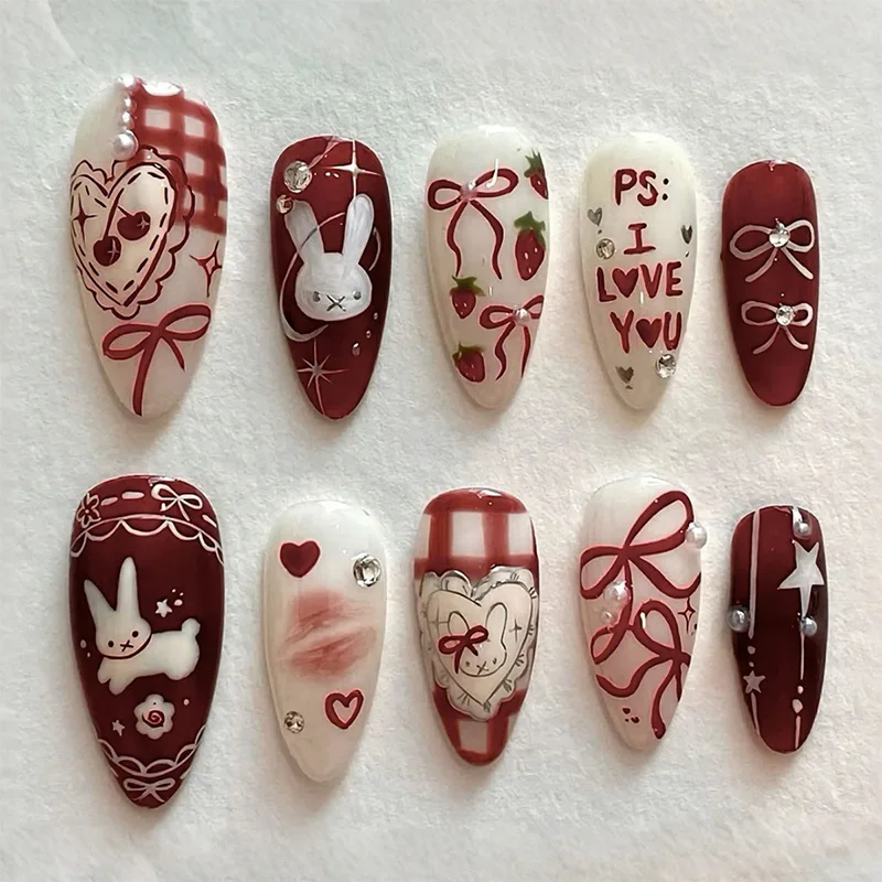 

24PCS Wine Red Almond Press on Nails Cartoon Rabbit Bowknot with Plaid Pearl Designs French Fake Nails for Girls Detachable Nail