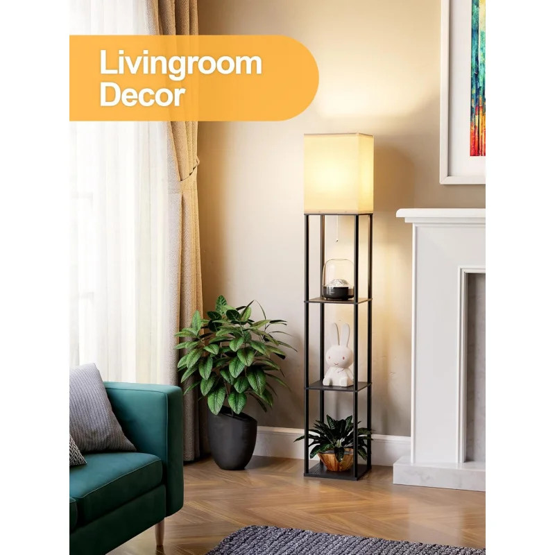 Floor Lamp with Shelves for Living Room White, Shelf with 3 CCT LED Bulb, Corner Display Standing Column