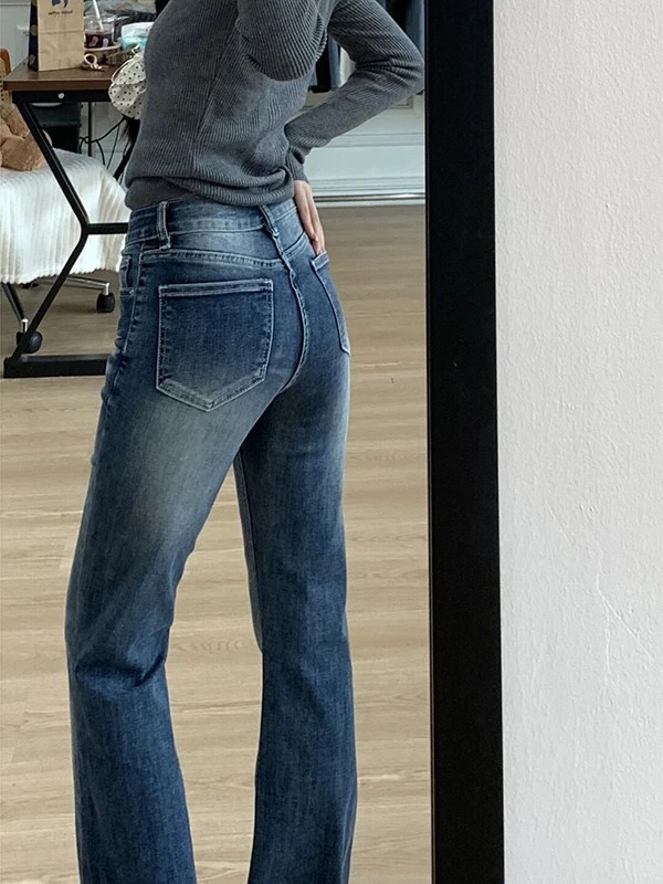 Americano retro queimado jeans feminino cintura baixa solta perna reta perna larga até o chão sino bot outono novo sle pmorh