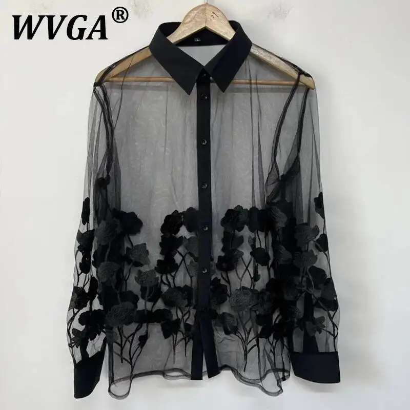 WVGA صيف جديد الرجال المد التطريز بقماش شفاف الطبقات شخصية قمصان طويلة الأكمام المتخصصة تصميم شيك قميص غير رسمي Ins W8066