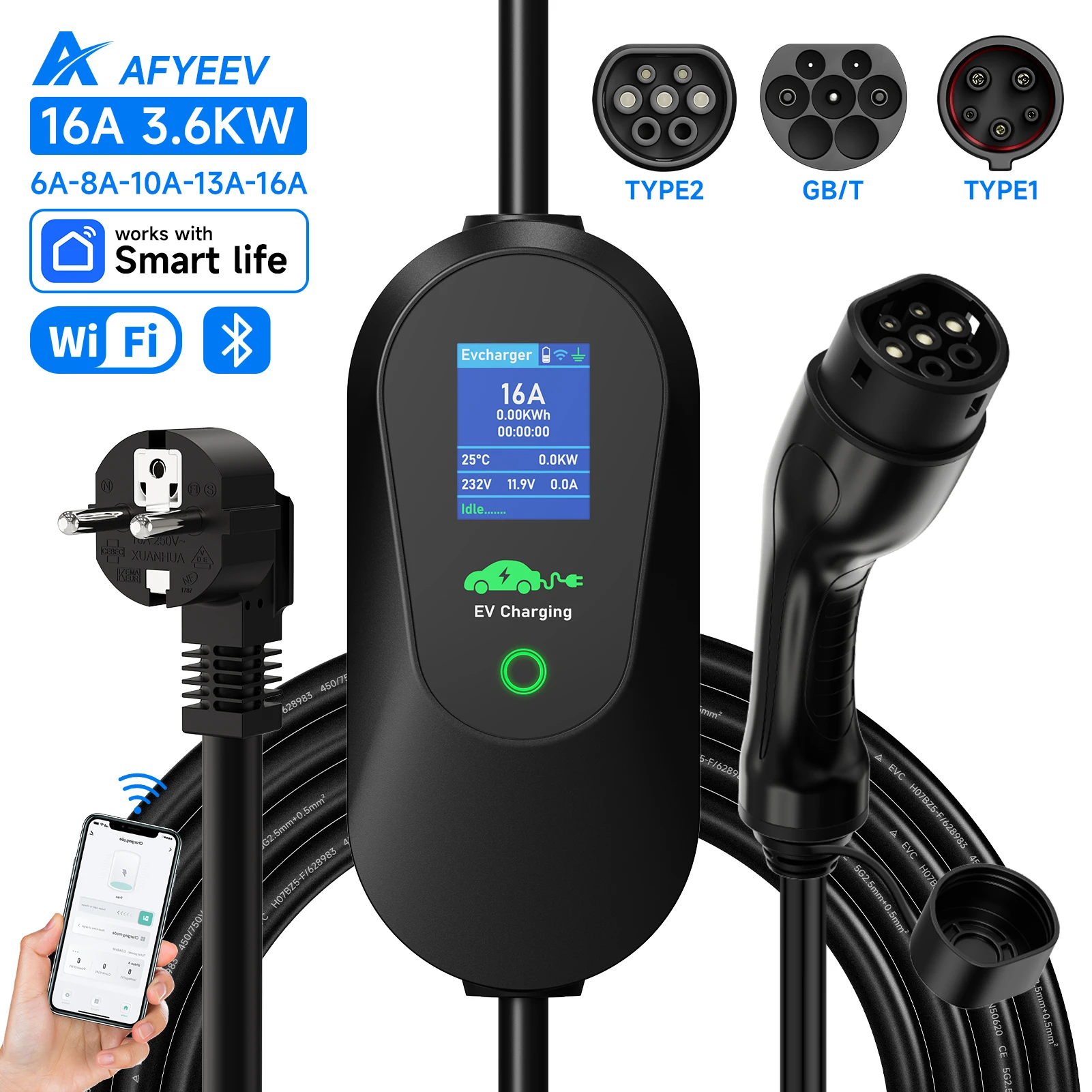 AFYEEV 3600W Portable Type2 IEC62196-2 EV Charger Type1 SAE J1772 Electric Car Charger GBT EVSE Charging Cable WiFi Bluetooth