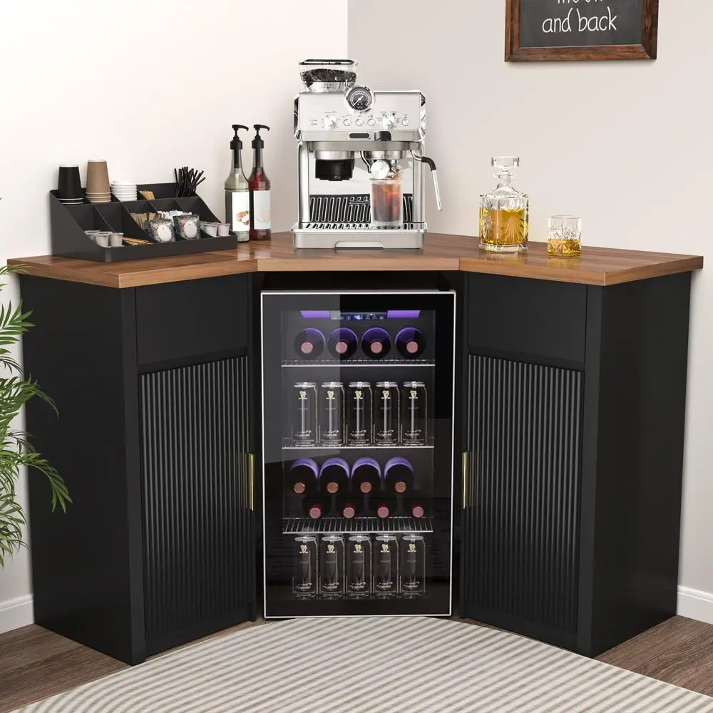 

Corner Bar Cabinet with Fridge Space, Corner Coffee Bar Station with Storage, L Shaped Liquor Wine Cabinet for Home