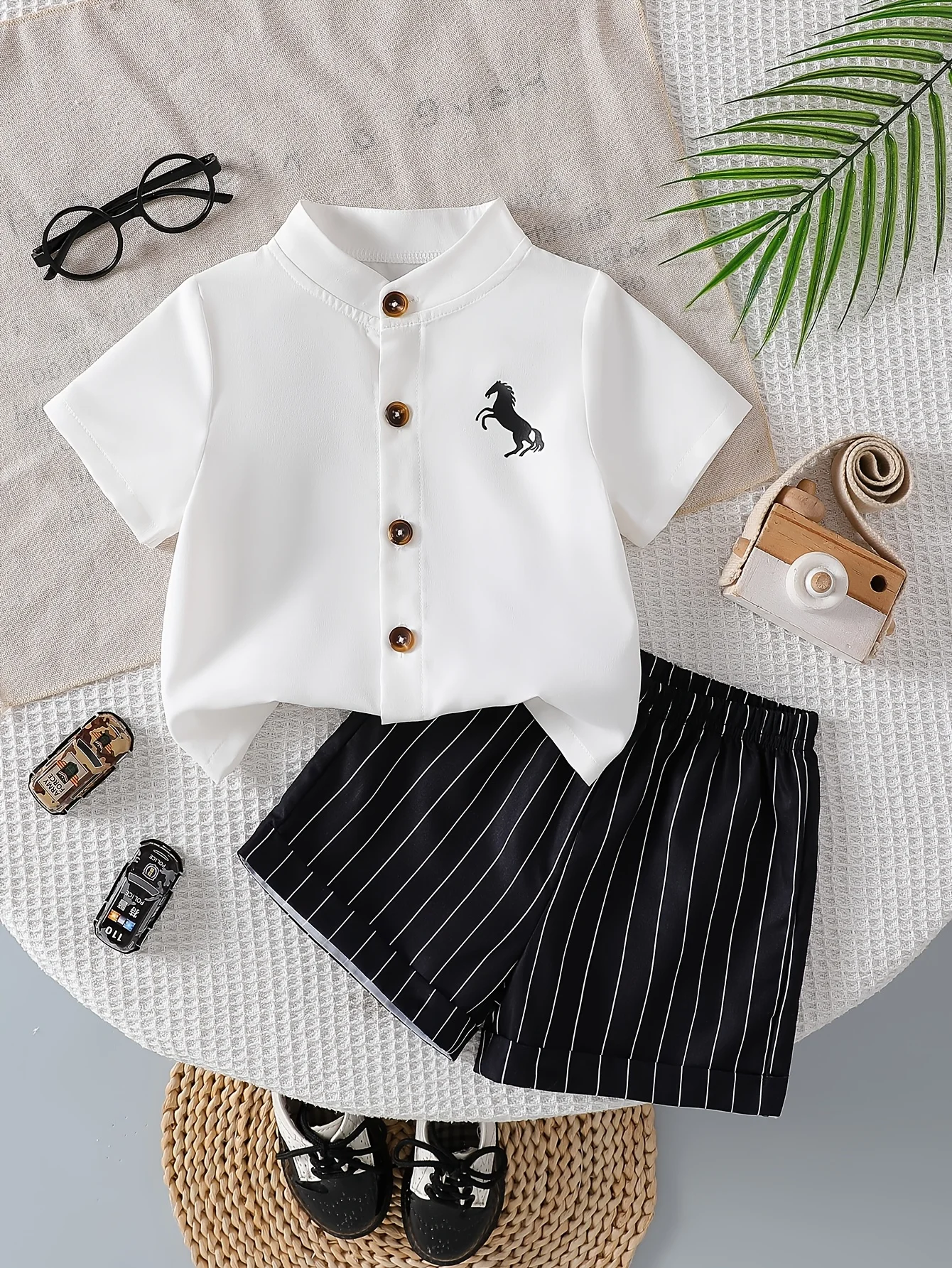 

Summer Boys' Clothing: Horseprint Print Stand-up Collar Shirt + Black Striped Shorts / Valentine's Day Gift / Baby Birthday Gift