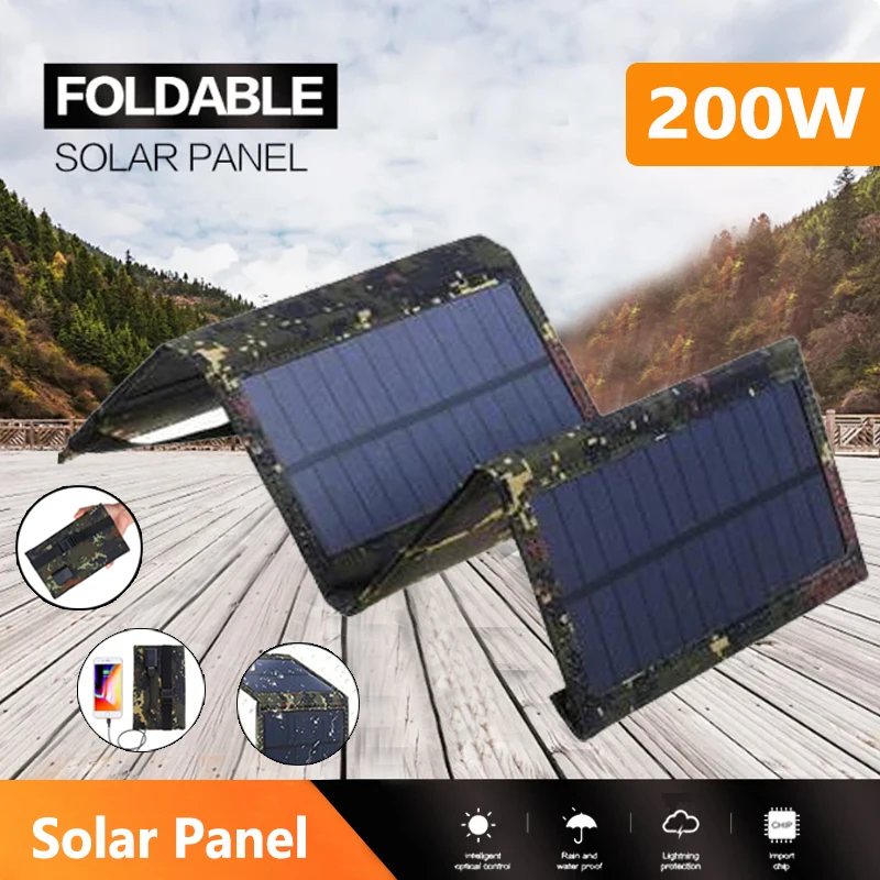 200W Foldable Solar Panel Portable 5V USB Solar Cells Bank Pack Waterproof Solar Plate for Phone Outdoor Camping Hiking Charger