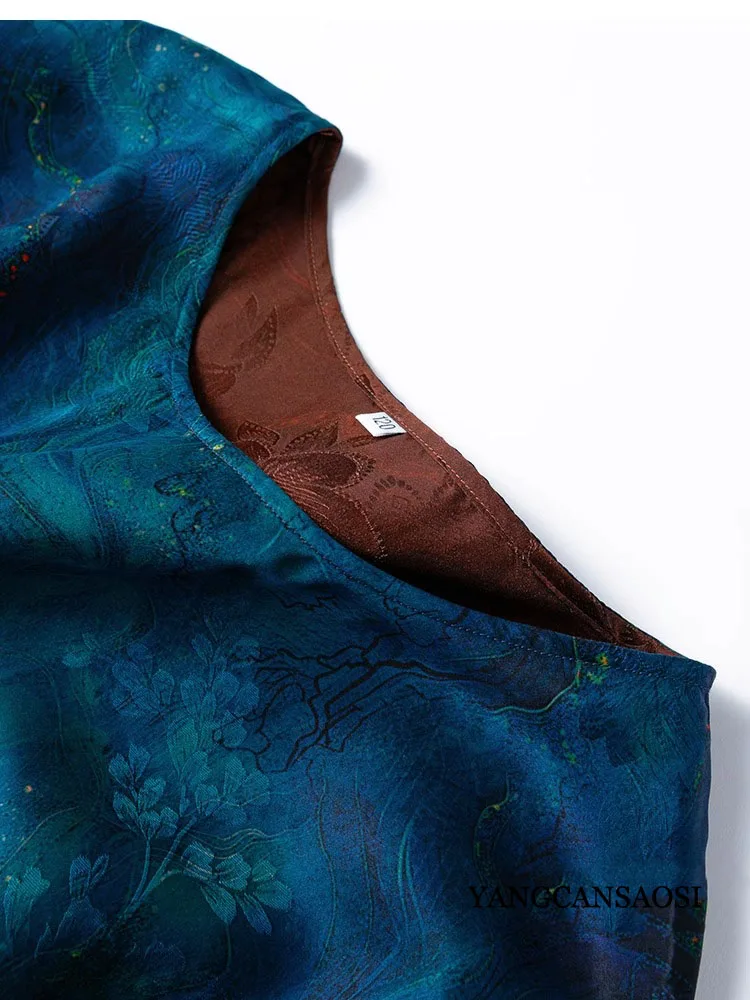 여성 가을 의류 블루 프린트 100% 천연 뽕나무 실크 갬비어드 광둥 거즈 배트윙 슬리브 출퇴근용 드레스