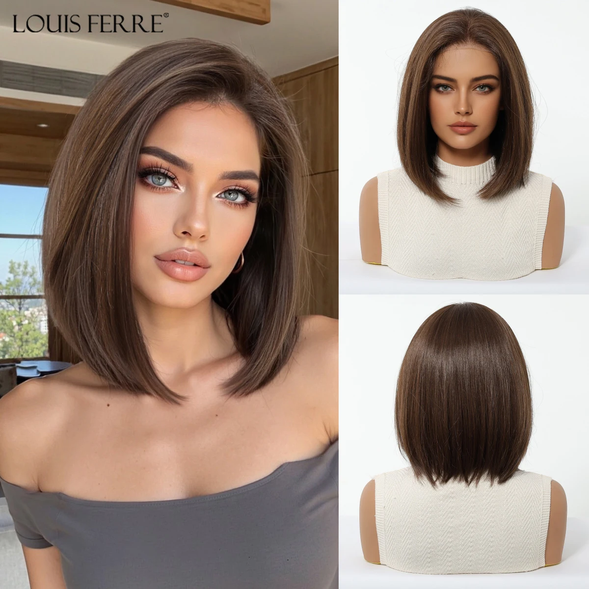 13*6 HD Transparante Kant Voor Pruiken Natuurlijke Haarlijn Korte Rechte Synthetische Pruiken Voor Vrouwen Dagelijks Party Bruin gemengde Blonde Pruiken