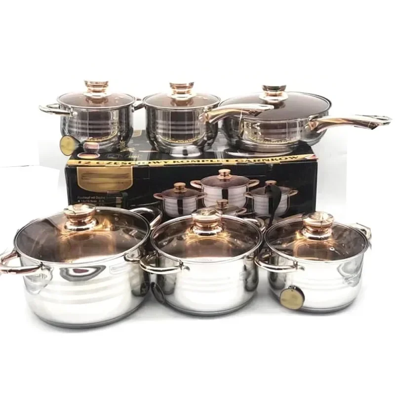 for 6PCS Set Pot Pan 201 Stainless Steel Gold Handle Cooking Pot Cookware Set Non Stick