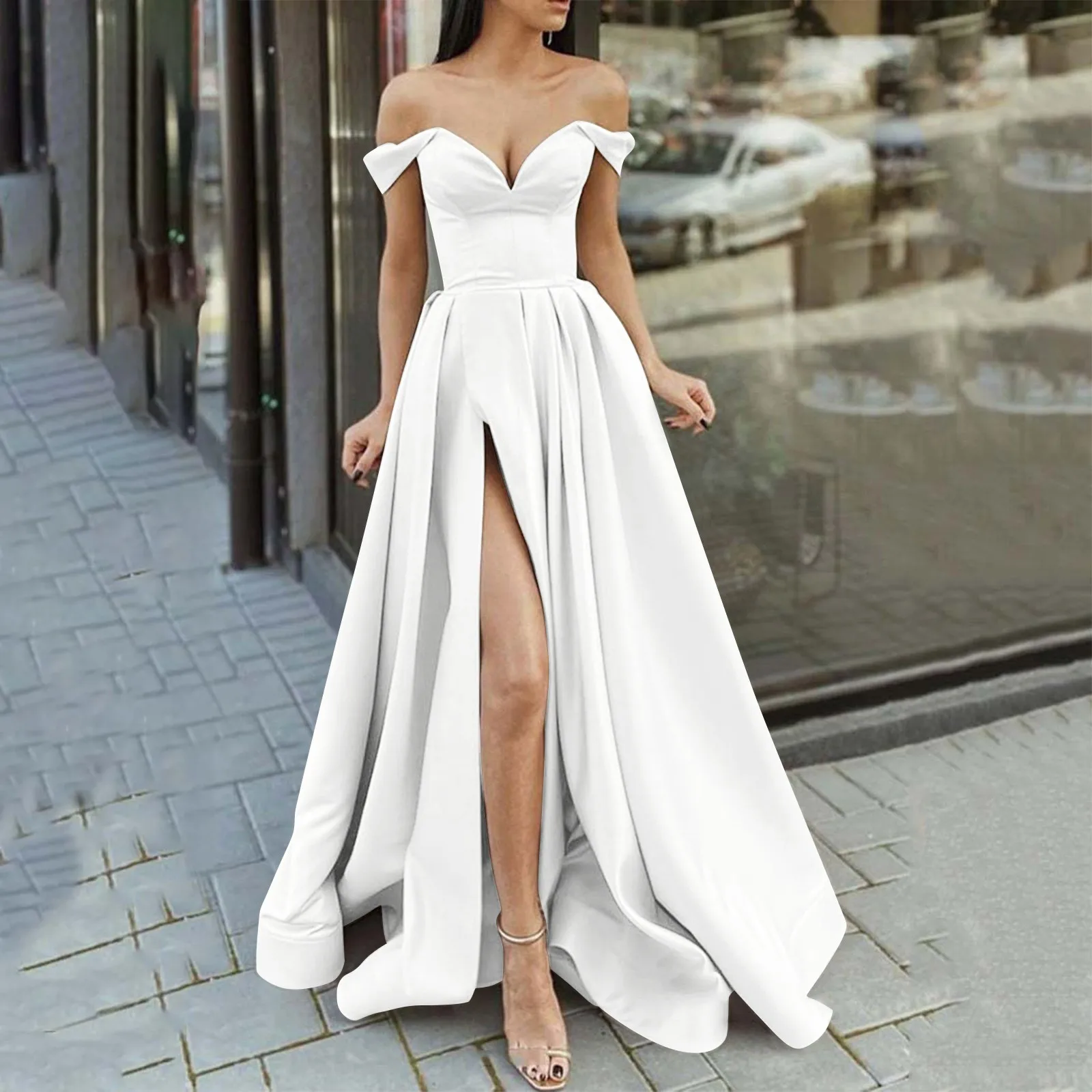 Dresses For Women 2024 Simple V Neck Strapless Off Shoulder Ruched Tulle Side Slit Beach Gowns White Party Dresses