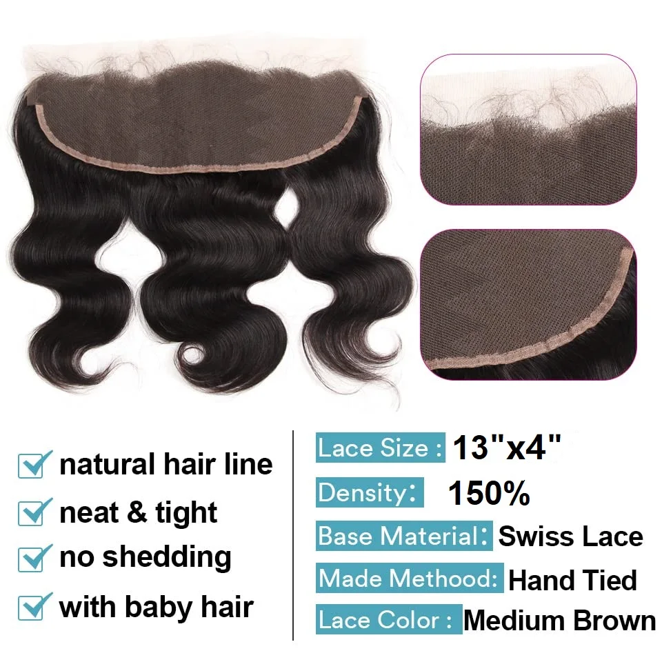 Pacotes de cabelo brasileiro da onda do corpo, 13x4 Lace Closure, cabelo humano real, 3 Pacotes Weave Virgin Hair, cor preta natural