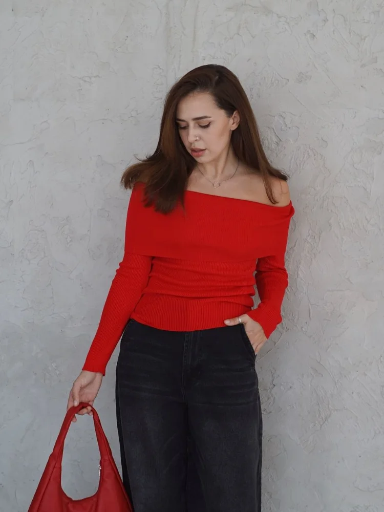 

Женский повседневный вязаный пуловер, шикарный плиссированный тонкий короткий пуловер с открытыми плечами и длинными рукавами, женский повседневный уличный свитер