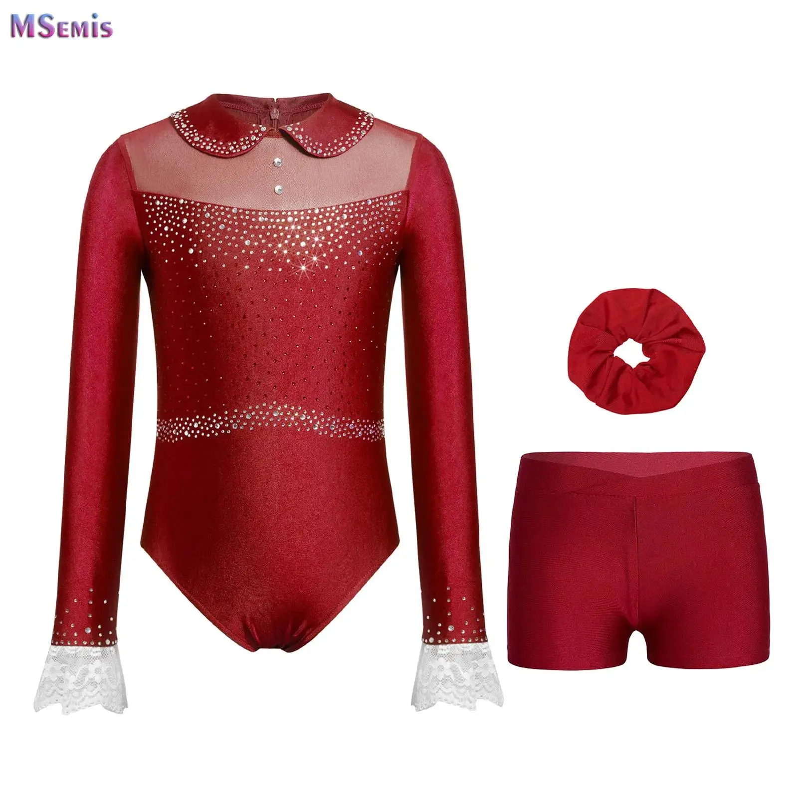 

Kids Girls Ballet Dance Practice Outfits Acrobatics Rhythmic Gymnastic Leotard with Shorts Hairband Set Figure Skating Bodysuit